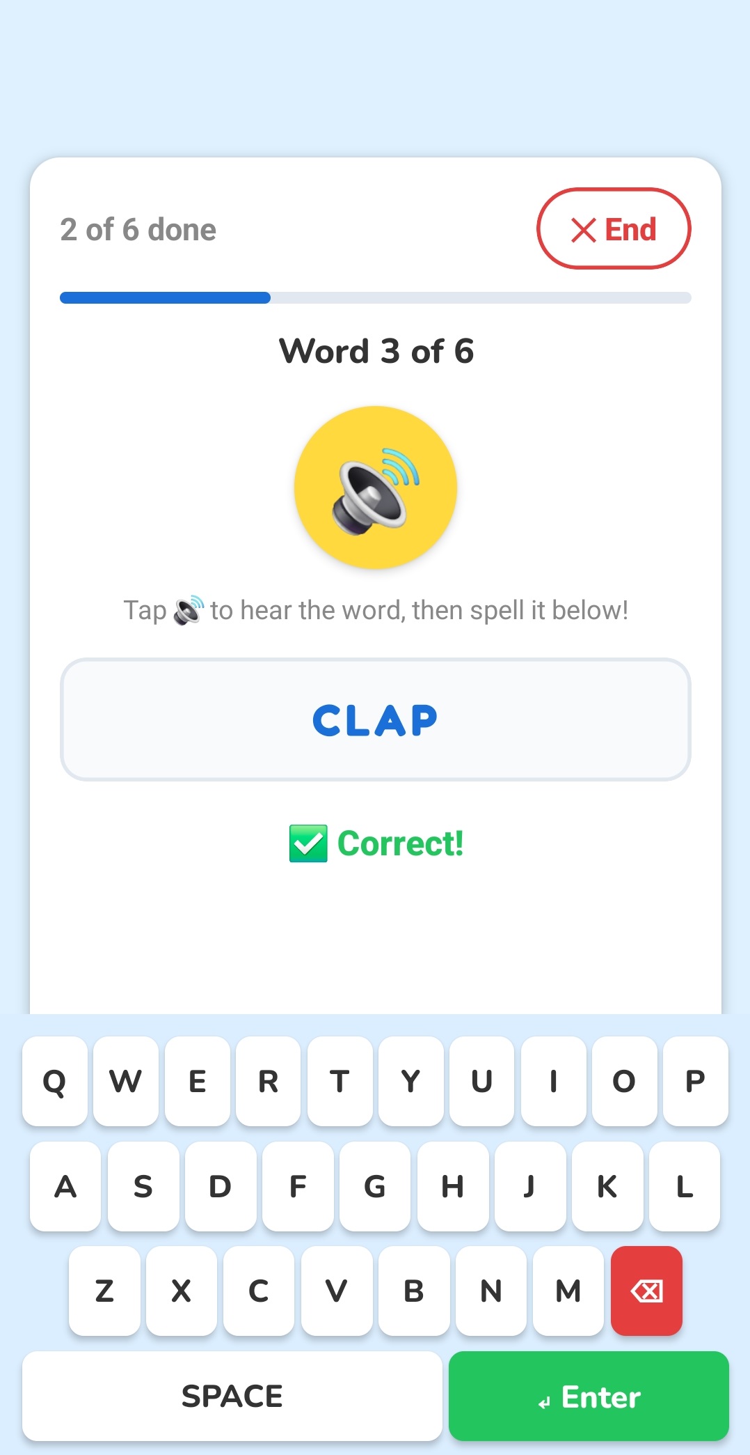 SpellStar app showing a quiz in progress with a custom QWERTY keyboard